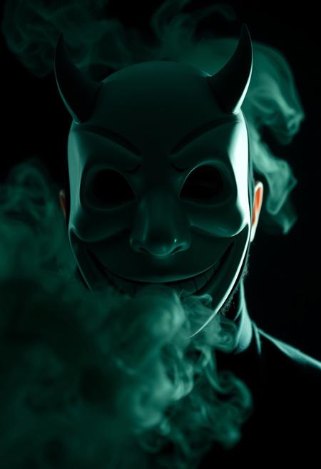 A close-up photograph of a man wearing a highrise mask resembling a large, exaggerated smile emoticon, with small, devilish horns subtly emerging from the sides. The mask, devoid of a nose or eyes, creates a surreal and unsettling atmosphere. Shot using Panavision aspherical lenses at 40mm, the image is bathed in cinematic studio lighting, while a light greenish fog swirls around the figure, blending with white smoke against the pitch-black background, heightening the eerie and mysterious tone.