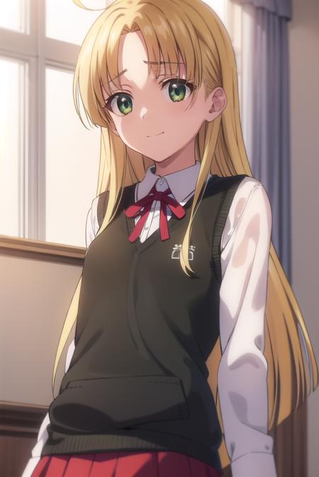 asiaargento, <lora:asia argento anime s1-lora-nochekaiser:1>,
asia argento, long hair, blonde hair, (green eyes:1.3), (parted bangs:1.5), ahoge, smile, (small breasts:1.2),
BREAK skirt, shirt, long sleeves, ribbon, school uniform, pleated skirt, vest, red skirt, sweater vest,
BREAK indoors, classroom,
BREAK looking at viewer, (cowboy shot:1.5),
BREAK <lyco:GoodHands-beta2:1>, (masterpiece:1.2), best quality, high resolution, unity 8k wallpaper, (illustration:0.8), (beautiful detailed eyes:1.6), extremely detailed face, perfect lighting, extremely detailed CG, (perfect hands, perfect anatomy),