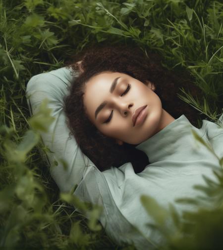 A  woman with  grass and leaves,  sleep at the forest, realistic photo, professional photo <lyco:SDXL_Grass_on_body_Test_Sa_May:1.0>  