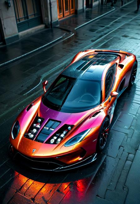 Imagine a bustling city street at dusk, bathed in the warm glow of sunset as the setting sun casts long shadows across a sleek, super exotic car, Integrated Battery accents, amazingly vivid colors,  LED Light accents, Carbon Fiber, futuristic, ultramodern car design. Electric Vehicles. The car is the battery - it is made of batteries. Batteries are both Form & Function.  Focus on the batteries both as a decoration or highlighted characteristic, cutting-edge design, supercars crafted entirely from luminous batteries. Roof & Hood are integrated solar panels, carbon fiber accents, incredibly powerful engines, and Futuristic Battery technology. The vibrant colors of the batteries shine brightly, reflecting the ambient lights of the surrounding architecture, while the cars are posed dynamically, as if on the verge of racing down the empty street. Cinematic lighting highlights every curve and contour, enhancing the ultra HD resolution with stunning clarity. Raindrops begin to fall, their reflections sparkling like jewels on the polished surfaces, adding depth to the scene. An atmosphere of innovation and elegance envelops the photo shoot, transforming this urban landscape into a masterpiece of modern design. The result is breathtaking, captured in rich HDR with ultra detail, suitable for 16K resolution displays.