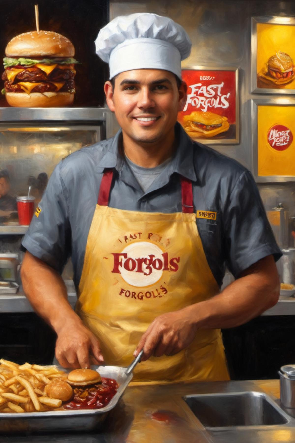 a masterful painting of a fast food restaurant employee wearing an apron and visor, gold grey maroon and black theme color...