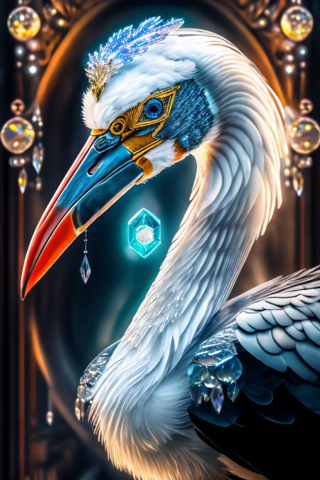 gorgeous photo, stunning portrait of magical cyborg Stork, action shot, intricate crystal portal, photo, cinema, realistic, very detailed, depth of field