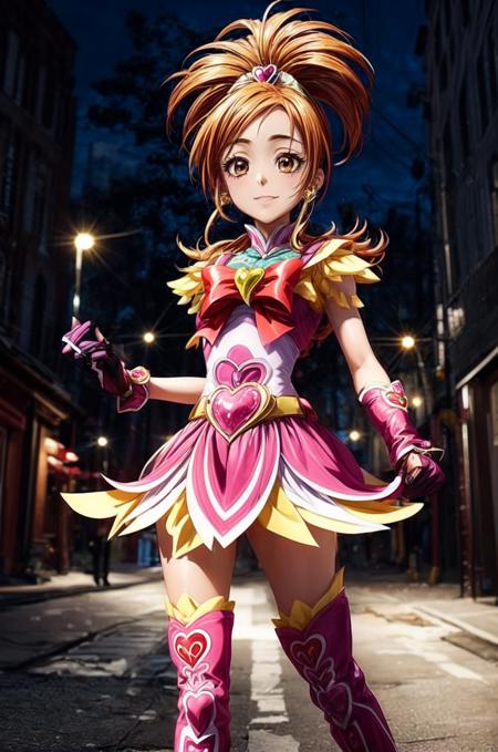 cure bloom, 1girl, solo, brown eyes, orange hair, heart brooch, magical girl, jewelry, knee boots, gloves, heart,