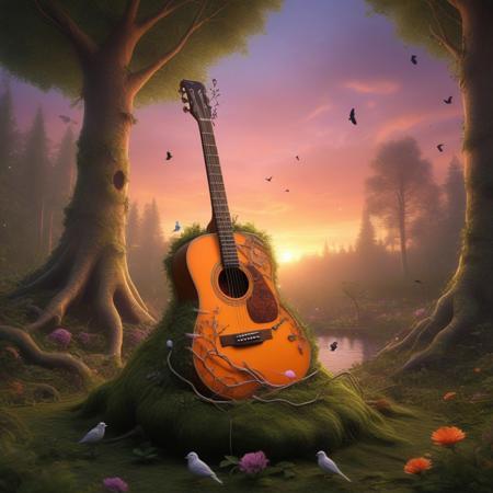 IIn the middle of an enchanted forest, 
where the trees rise tall and majestically, 
stands a guitar rooted deep into the ground. The guitar is covered in moss and small plants, 
roots entwine around the guitar, 
giving the impression that it is a part of nature itself. A small fantasy bird sits on the guitar and sings a song The background shows a stunning sunset, 
whose warm colors - bright orange, 
soft pink and deep purple - bathe the sky in a magical light. Music notes stream from the guitar into the sky