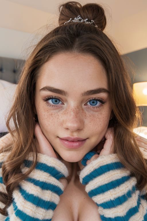 A young woman with blue eyes and brown hair wearing a striped sweater.