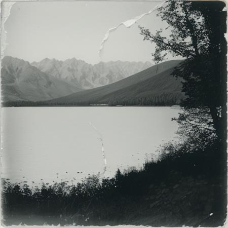 <lora:wish_you_were_here:1> WYWH photograph monochrome lake significant damage