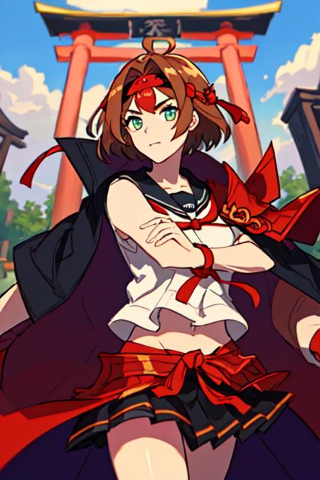 (masterpiece, top quality, best quality, beautiful, and aesthetic:1.2) yukimur4, 1girl, portrait shot, posing, slight smile, looking at viewer, red headband, short hair, brown hair, black skirt, purple collar, serafuku, shoulder armor, sode, red pauldrons, sukeban, bancho, delinquent, jacket on shoulders, high contrast, vibrant background, japanese shrine, torii <lora:yukimur4-000019:.8>