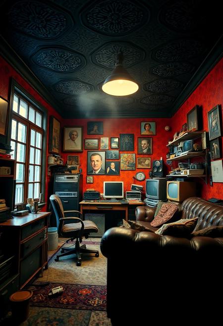 (ANTIQUE, NOSTALGIC, VINTAGE, RETRO THEMED DECOR), (Captured with a Hasselblad medium-format camera with a 80mm Zeiss lens at f/1.8), Sharp Focus. (Dynamic Random Angled Shot), Layered Foreground, (Fluorescent Lighting) with (Stark Contrasting Shadows), (cluttered detailed home office), [Smokey Windows], Retro Desk, (weathered leather desk chair, retro sofa), hoarder's paradise, hoarded vintage technology all over, (richly painted bright textured walls, dark embossed ceiling), (Creative Light Source), [[Extremely Subtle Glowing Light]], ZOOM-OUT,