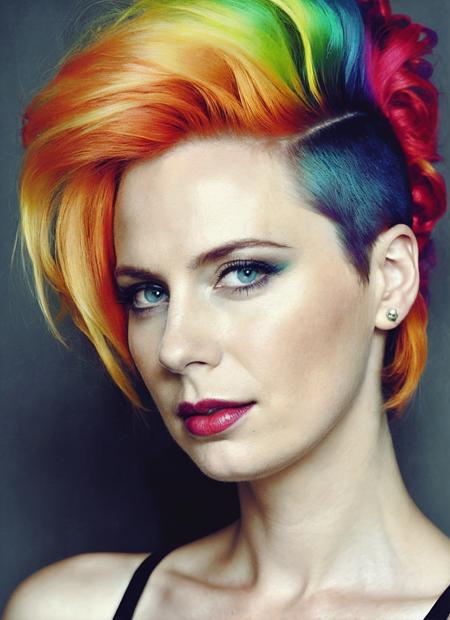 portrait of sks woman by Flora Borsi, style by Flora Borsi, bold, bright colours, rainbow Mohawk haircut, ((Flora Borsi)), <lora:locon_annedudek_v1_from_v1_64_32:1.25>