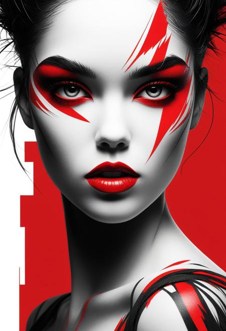 Close-up of an enigmatic silhouette featuring an exotic girl clad in tattered garments, her face adorned with striking red cosmetics that evoke a goddess-like allure. Inspired by the styles of Minjae Lee, Carne Griffiths, Emily Kell, and others, this image showcases incredible depth and surreal double exposure techniques. Geometric patterns intertwine intricately, creating a bokeh effect that draws the eye. The composition is perfectly balanced with deep, fine borders, embodying artistic photorealism and smooth textures. A masterwork by Suiras, it features minimalist vector illustration elements, sharp angular designs, and a bold red background that heightens the intensity of her expression. The modern urban style is accentuated by clean lines and a high contrast palette of black, white, and red, resulting in sleek futuristic aesthetics.