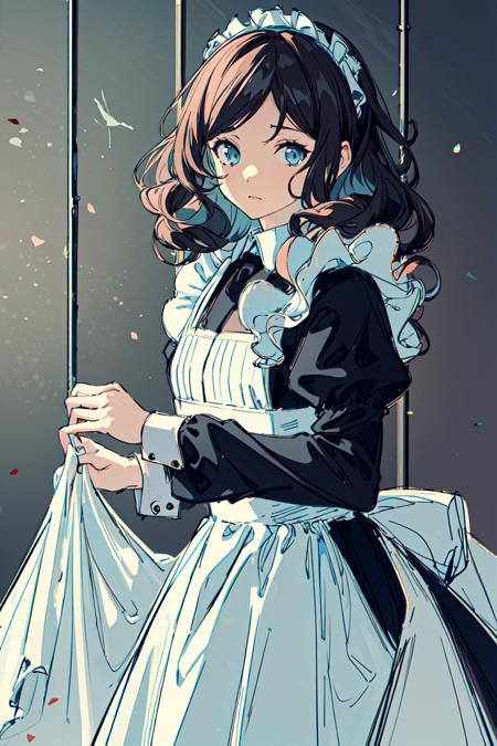 ultra realistic 8k cg, masterpiece, intricate detail,best quality, chromatic aberration,<lora:sheyatin:0.8>{best quality}, {{masterpiece}}, {highres}, original, extremely detailed wallpaper, 1girl,maid,gothic,fashion,black hair,curly hair, pastel color,sketch, ,