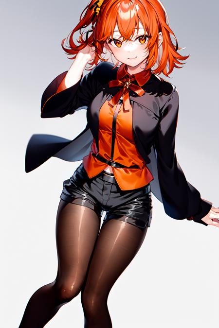 GD3, 1girl, solo, pantyhose, shorts, orange hair, scrunchie, ahoge, command spell, hair scrunchie, hair ornament, one side up, black shorts, smile, side ponytail, shirt, black pantyhose, looking at viewer, orange shirt, orange scrunchie, belt, short hair, hair between eyes, cape, short shorts, thigh gap, legwear under shorts, orange eyes, ribbon, <lora:Gudako_1:0.65>