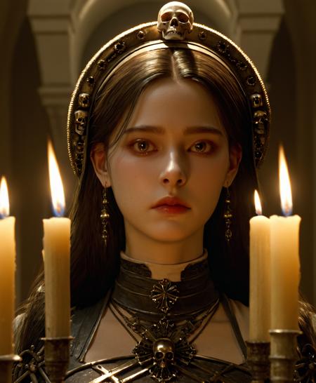 (masterpiece), (best quality), (ultra-detailed), a digital woman, game art, Scornful, Long shot, Antique, Crypt candles in skull holders, Sanatorium, elaborate polished, silent, theatrical, elegant, sharp focus, extremely detailed, glowing light, fine detail, striking shiny, shining deep rich colors, beautiful cinematic epic, singular, dramatic great composition, ambient, pristine, majestic, inspiring, brave, illustration, disheveled hair, detailed eyes, perfect composition, moist skin, intricate details, earrings, by wlop