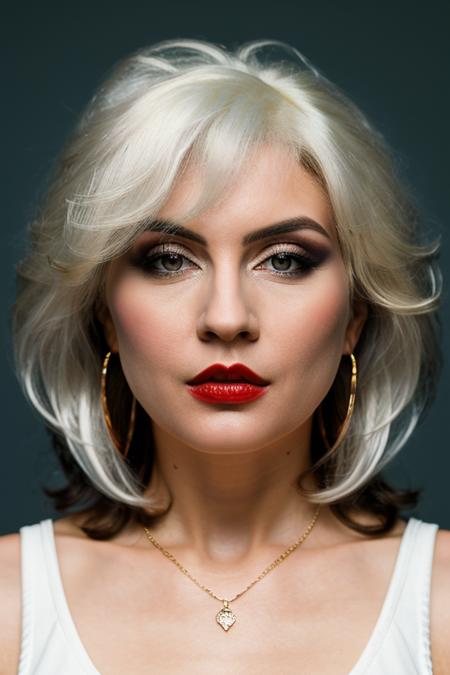 Realistic portrait of a beautiful d3bb13h-v1 woman,1girl, solo, long hair, looking at viewer, (((white hair))), simple background, jewelry, upper body, earrings, parted lips, teeth, grey background, lips, head tilt, makeup, lipstick, realistic, red lips, soft lighting, professional Photography, Photorealistic, detailed, RAW, analog, sharp focus, 8k, HD, DSLR, high quality, Fujifilm XT3, film grain, award winning, masterpiece<lora:d3bb13h-v1:1.0>