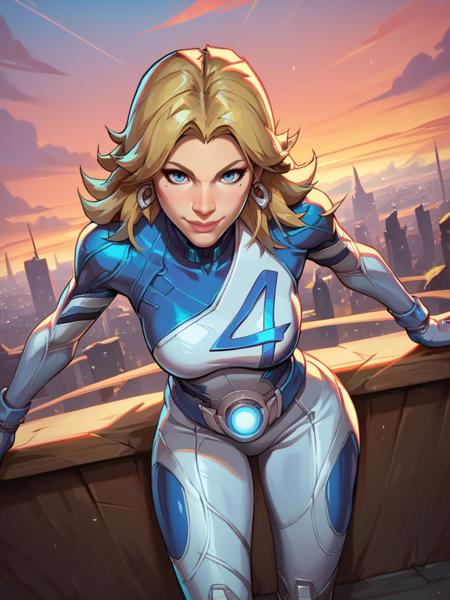 score_9, score_8_up, score_7_up, 1girl, dynamic pose, cowboy shot, looking at viewer, sexy pose, sexually suggestive, smile, dutch angle, city, detailed landscape,, arms between legs, leaning forward, energy around, 
<lora:ASueStorm_character:0.8>, SueStormXL, blonde hair, blue eyes, earrings, bodysuit, gloves, <lora:2XKO_style-10:0.8> 2XKO,,