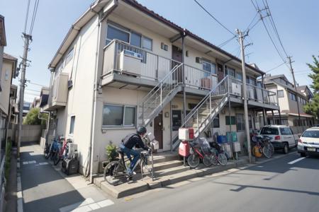 bunkajutaku, scenery, power lines, building, utility pole, road, street, tree, window, railing, house, car, sky, fence, city, day, exterior, outdoors