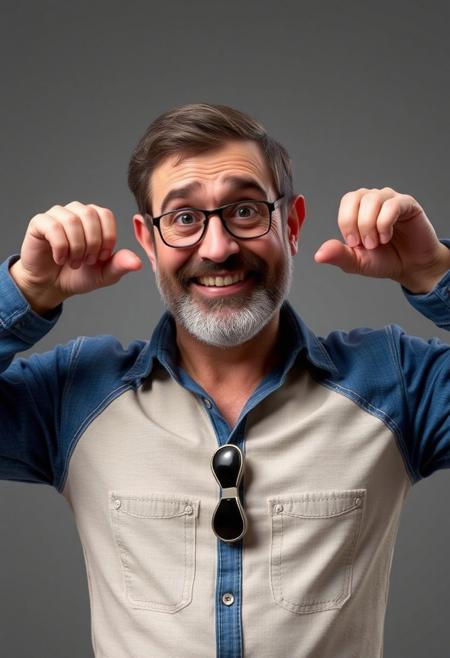 Posaman, portrayed by the Italian actor and comedian Lillo, should reflect a realistic and grounded style while still emphasizing his quirky, exaggerated poses. The model should capture Lillo’s distinct features—his expressive face, short beard, and casual yet confident demeanor. Focus on realistic textures, including natural skin tones, detailed facial expressions, and lifelike clothing, while highlighting his humorous, larger-than-life poses. These can range from mock-superhero stances to awkward yet charismatic gestures that showcase his comedic flair. The goal is to blend realism with humor, creating a character that feels authentic while staying true to Lillo’s unique comedic style.