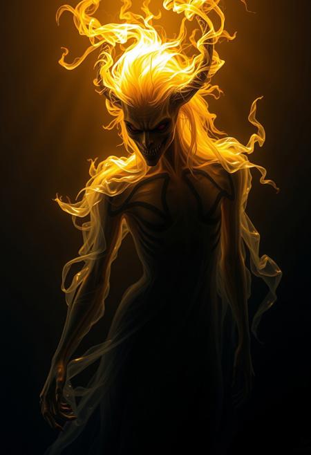 A medium portrait of a sinister, translucent, anthropomorphic being with swirling light, bathed in warm golden hour light against a dark background. The ethereal figure is rendered with dramatic lighting, creating a mysterious and haunting atmosphere.