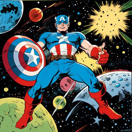 <lora:jackkirbyv2:1> captain america in space in the style of jack kirby