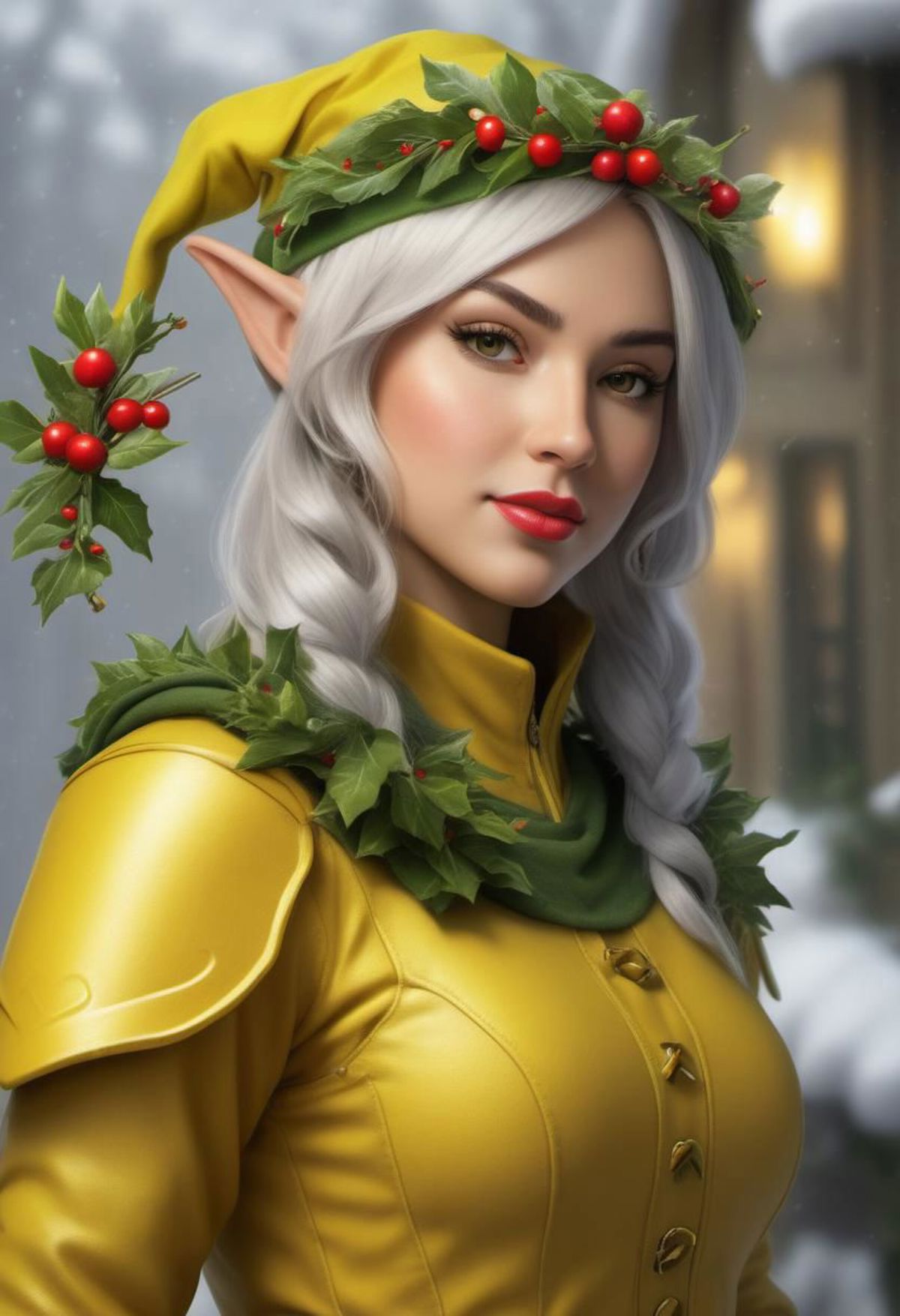 A digital illustration of a woman in a yellow shirt wearing a green hat and a necklace of berries, with a green outfit.