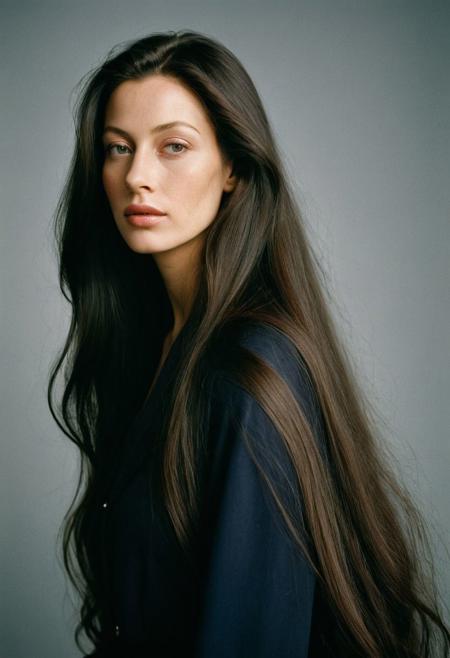 Extremely beautiful woman,very long hair, masterpiece, 1960s style portrait photograph by Annie Leibovitz, Rolleiflex medium format tlr