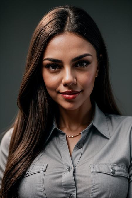 photo of (zanamari-135:0.99), a beautiful woman, perfect hair, smiling, closeup portrait, (modern photo, Rich Gray button up shirt), 85mm, (analog, cinematic, film grain:1.3), ((plain Ice Gray background:1.2)), detailed eyes, (seductive pose), painted lips, (epicPhoto), (looking at viewer), jewelry, (cinematic shot:1.3)