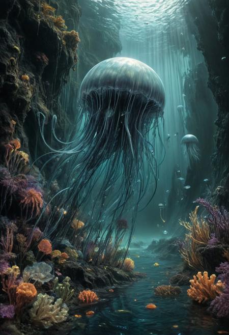 dark fantasy Glass-calm Sargasso Sea with jellyfish blooms like floating chandeliers,Fogbow dawn: White rainbow materializing in freezing mist,
random rider in landcscape,
<lora:ral-dark-fantasy-il:0.8>,dark fantasy,
<lora:extremely_detailed:4> extremely detailed,
<lora:add-detail-xl:1.1>,
detailxl