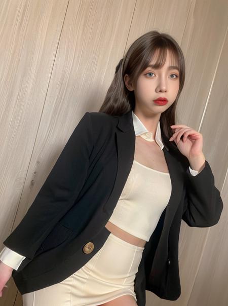 best quality, twintails,ultra high res, (photorealistic:1.4),(18 yo girl), serious, cute, pale skin, hands together in front, background street,(eyeshadow),(business suit),(dress shirt),(pencil skirt), pantyhose,peaceful neighborhood, sunlight,makeup,red lips, <lora:shiliuyelei-000006:0.87>,beauty,  <lora:koreanDollLikeness_v15:0.2>