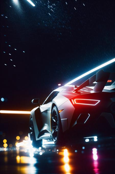 <lora:BF4Color:0.78>, sport car, bokeh, light tracers, rain