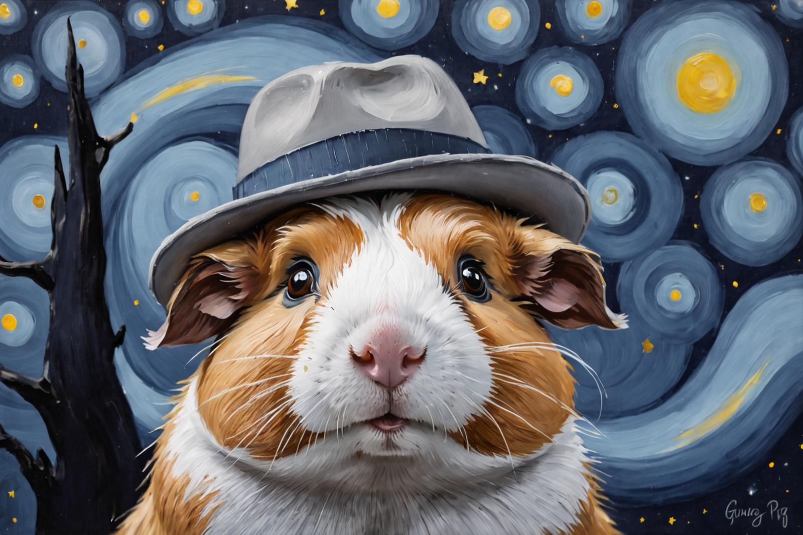 A cute painting of a hamster wearing a hat.