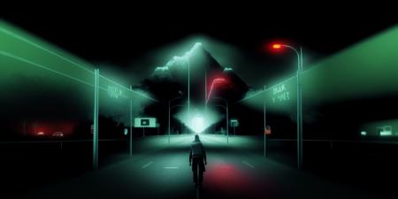 <lora:15ParralelDimensions:1>parallel dimension: a person walking down a dark street at night