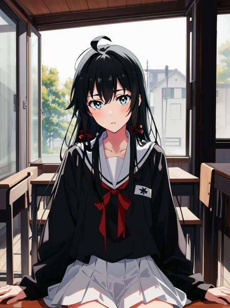 masterpiece, best quality, highres, absurdres, yukinoshita_yukino, 1girl, ahoge, black hair, aqua eyes, red ribbon, school uniform, sobu high school uniform, embarrassed, blush, upper body,  <yukino <lora:Yukino-AOM3-LoCon-000013:0.8>