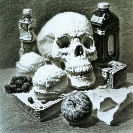 monochrome,greyscale,bottle,no humans,traditional media,horror (theme),food,skull,sketch for art examination,
sketch for art examination,<lora:sketch_for_art_examination:1>,