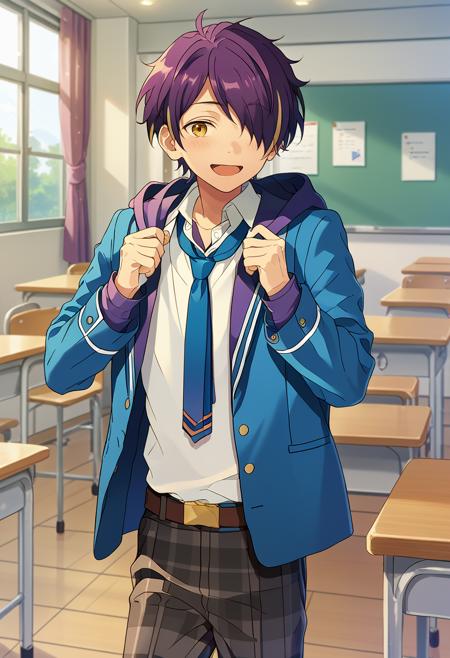 Shinobu Sengoku, multicolored hair, purple hair, yellow eyes , hair over one eye