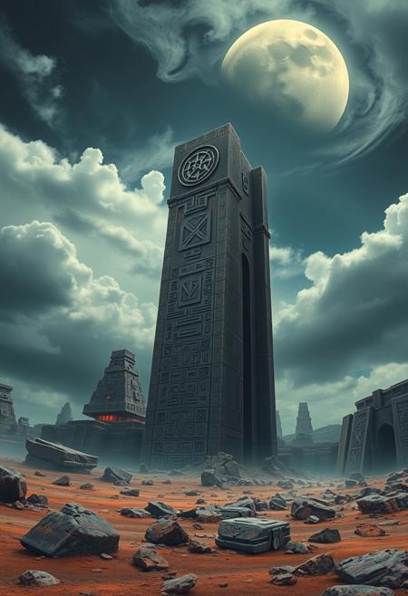 Image is a digital artwork depicting a surreal, otherworldly landscape. The central focus is a massive, monolithic structure resembling a weathered stone tower, intricately carved with geometric patterns and symbols. The tower stands amidst a barren, rocky terrain under a dramatic sky filled with swirling clouds. In the background, a large, partially obscured celestial body, possibly a moon or planet, looms over the horizon, adding to the scene's mysterious and alien atmosphere. The colour palette is dominated by earthy browns and greys, with subtle highlights of orange and blue, creating a sense of depth and scale. The overall composition is balanced, with the tower slightly off-centre, drawing the viewer's eye upward towards the sky and celestial body.