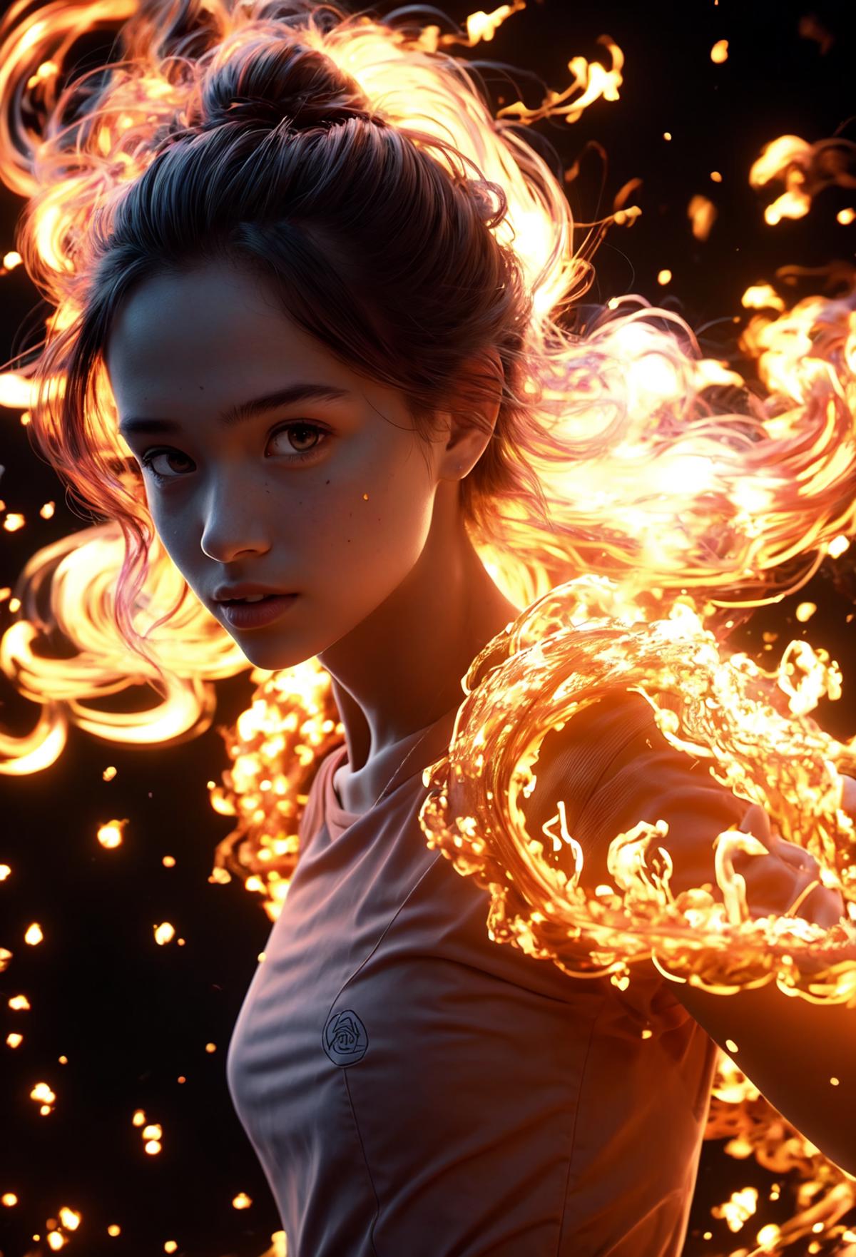 A woman with fire in her hair and holding a flaming ring in her hand.