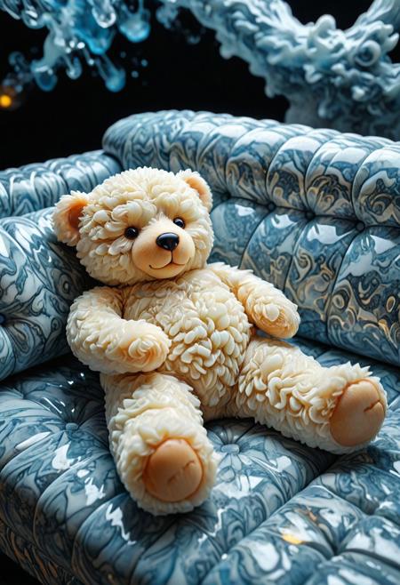 8k, Raw digital photo, Tilt shift photography style, , a teddy bear, lie down on elbow in sofa, tearStyle2, sofa made of glow Liquid fractals Marble, Unmanned, Sleeping teddy bear,