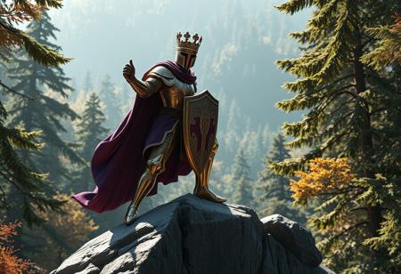 Majestic knight in dynamic stance on jagged gray rock. Regal purple and gold armor, detailed crown. Wielding sword and shield. Against a lush, contrasting forest backdrop. Highly intricate details, sharp focus. Dramatic, captivating lighting. Impeccable composition, creative angle, golden ratio. Matte painting | Splash ink illustration | Octane Render | Unreal Engine 5 | Hint of Raphael and Houdini styles. 4k, High resolution, Masterpiece, Trending on Artstation HQ, CGSociety.