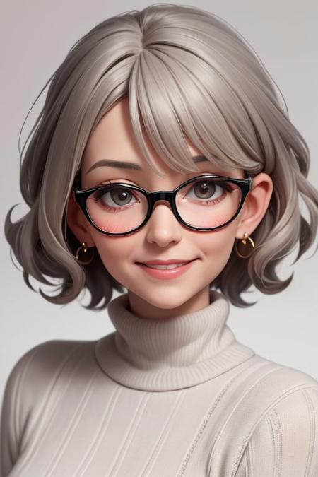 woman, age 65 years old, short curly grey hair, small round black rimmed glasses, smile, turtlen_neck jumper, portrait, (masterpiece, best quality, highres), very big ears, very large big nose, wrinkled skin