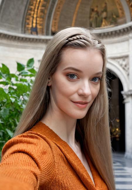 fashion photography (close-up, full body shot:1.1), pale skin ohwx woman, selfie, smug, absurdly long hair, braided hair,
Orange wrap top	Tangerine pops	Backlight rim flare	Foliage	Soft circles in iris. illusion neckline,
Arc de Triomphe	Indoors	Top looking over Paris	Architectural shapes	Rule of thirds	Surrounded by panoramic views	Available light through oculus
shot on Nikon Z6	Nikon Z 85mm f/1.8 S	F/2.8, 1/125s, ISO 100, in style of Petter Hegre
<lora:ErinEverheart_SDXL_v1.0b:1>