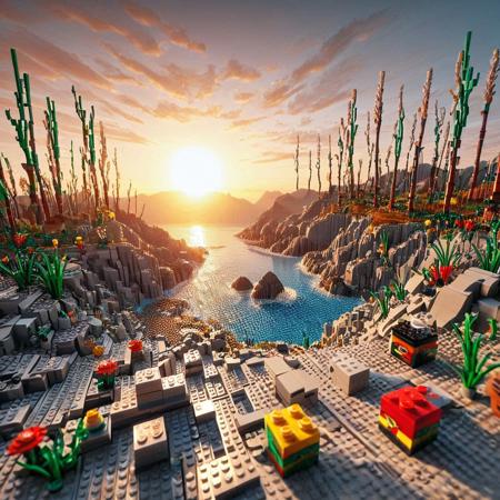 a beautiful natually looking landscape on a sunset, a low perspective, the nearby objects are clearly made of lego bricks