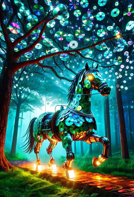 PG-TR,A mythical carriage made of cd's traversing an enchanted forest path made of cd's , luminescent creatures made of cd's guiding the way, ancient trees towering overhead, dusk time ambiance, detailed, fantasy art , made of cd's , neon outlines, wire herb, robotic horse made of cd's