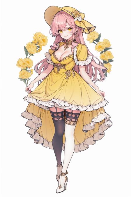 1girl, solo, dress, pink hair, high heels, thighhighs, breasts, long hair, cleavage, yellow dress, yellow eyes, full body, smile, flower, frills, white thighhighs, white background, hat, white footwear, looking at viewer, simple background, short sleeves, bangs, hat flower