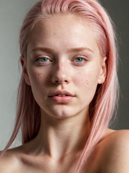 portrait of a 20 year old russian model with pink hair, beauty spots, no makeup, natural, freckles, posing, hard shadows, soft lighting, sharp focus, skin details