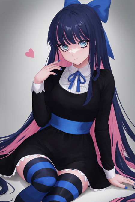 (masterpiece, best quality:1.2), stockingpsg, thighhighs, ribbon, hair bow, heart, nail polish, black dress, dated, zettai ryouiki, striped thighhighs, blue nails