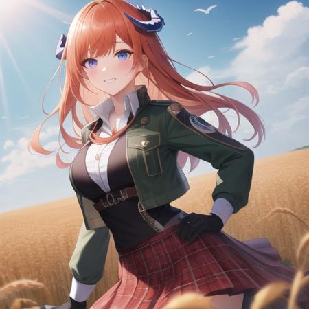 (masterpiece, best quality:1.2),illustration,8k,hd,absurdres,sky,wheat field,1girl,solo,cowboy shot,bangs,orange_hair,smile,purple_eyes,dragon_horns,very_long_hair,blush,large_breasts,black_gloves,green_jacket,long_sleeves,looking_at_viewer,shirt,red_skirt,blue_eyes,plaid skirt,<lora:Bagpipe(ark)>,