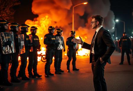 A tense and dramatic night scene captures a confrontation between a handsome athletic young man and a group of police officers during a riot. The man, dressed in a black suit with a white shirt, tie, and glasses, stands on the right side of the image, facing the officers. His left hand is extended outwards in an assertive gesture, while his right hand is in his pocket. He appears to be engaged in an intense discussion with the officers, his expression serious and determined. The police officers, positioned on the left, are wearing full riot gear including black helmets with yellow stripes, protective shields, and tactical equipment such as boots and belts. They stand in a formation, facing the man, with some officers holding batons or other equipment. The lighting is primarily from large fires burning in the background, casting an intense orange glow that illuminates the scene and creates a high-contrast, low-luminance atmosphere. Traditional street lamps line the street, their light fixtures visible as silhouettes against the bright flames. The asphalt road surface is visible in the foreground, reflecting the firelight. The overall composition emphasizes the confrontation, with the silhouettes of both the protesters and the police stark against the bright flames, creating a powerful visual narrative of conflict and tension.