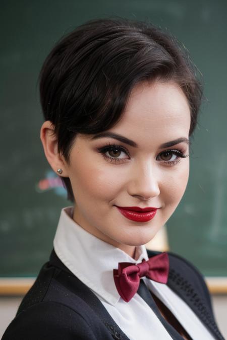 photo of a woman, sydneywatson:0.99, ((shirt, pixie cut, bowtie):1.1), ((closeup, portrait)),((classroom, chalkboard)), ((red lipstick, makeup)), (smile), ((best quality, masterpiece, extreme details, high resolution):1.2),((detailed eyes, beautiful eyes, detailed face, beautiful face):1.2)