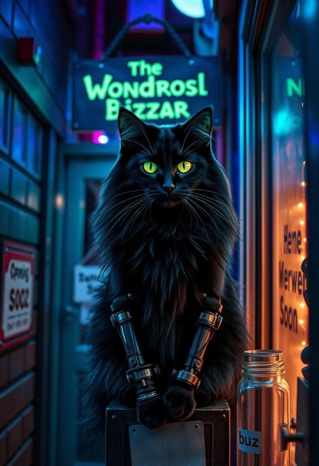 Highly detailed, 4k. A mystical long haired black cat with glowing neon green eyes with and ethereal glow that has cybernetic prosthetic limbs . Located in a back ally with lights in rich blues, teals, and purples, suggesting a mysterious environment creating a dreamlike, ethereal atmosphere. Off in the distance the cat sits in a shop window that has sign above the shops door that reads " The Wondrous Bizzar" On the door hangs a sign that reads " Opening Soon". The cat’s bright, piercing eyes draw attention to the shop that's off in the distance. Beside  the bottom of the shop door is a clear jar that has "buzz" written on it. The Shop seems to be filled with strange prosthetic parts that appear to be otherworldly.