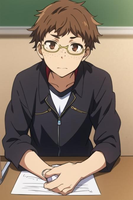 masterpiece, best quality, sketch, 1boy, solo, male focus, looking at viewer, , depth of field, <lora:hisamitsu_noto:0.68>, hisamitsu_noto, brown hair, brown eyes, glasses, freckles